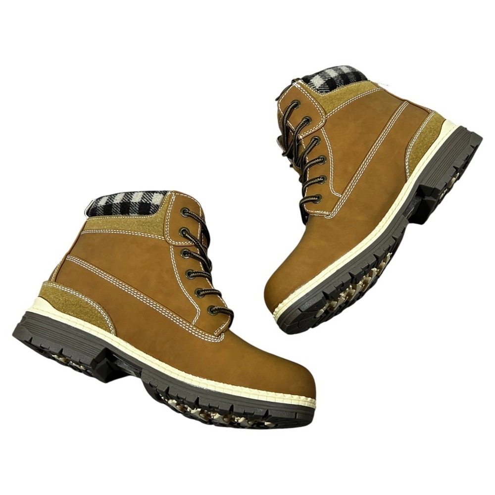 NEW Cottimo Ankle Lace Up Plaid Collar Work Boots Tan Brown Gorpcore Rugged Sz 8